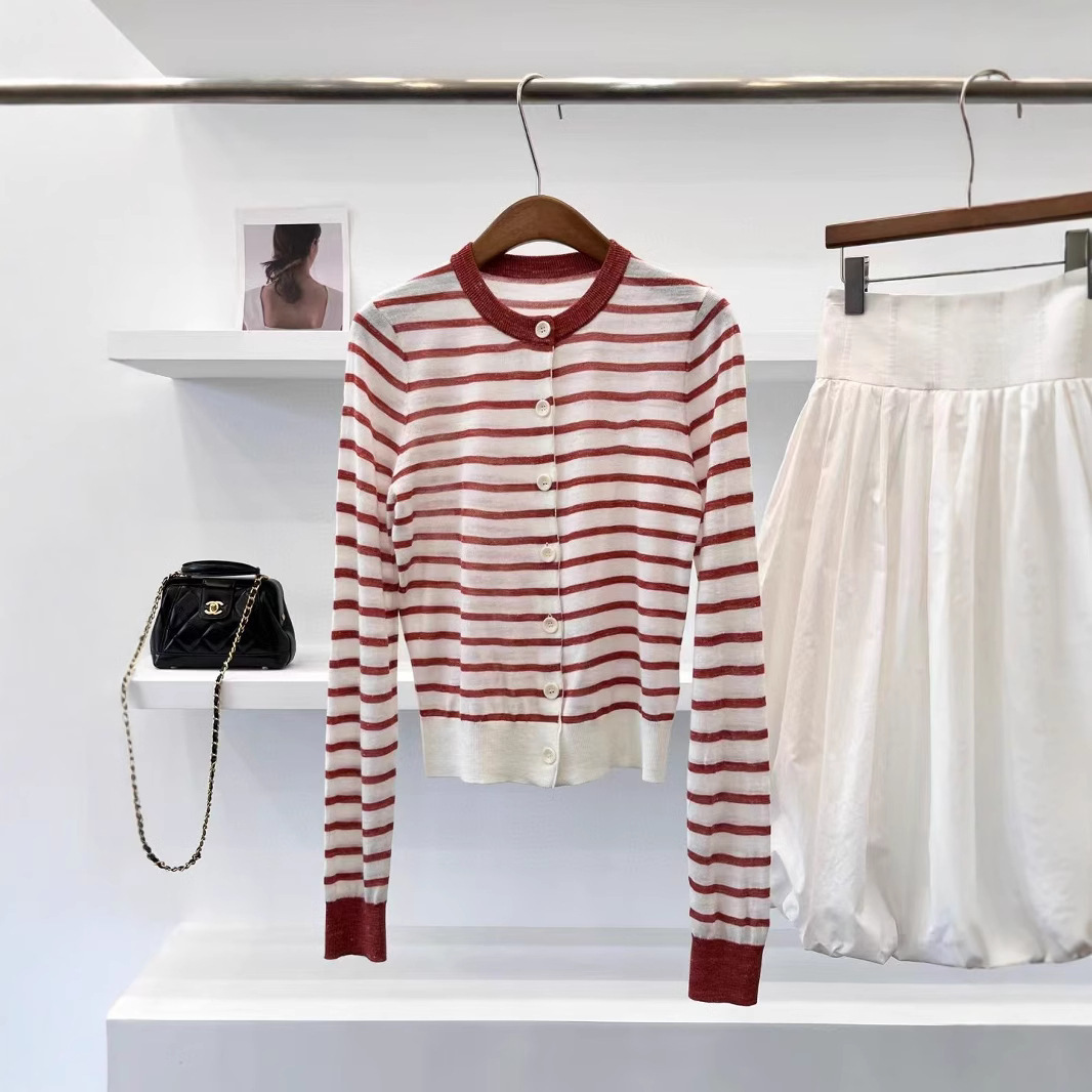 Women's linen blend color-blocked striped knit cardigan