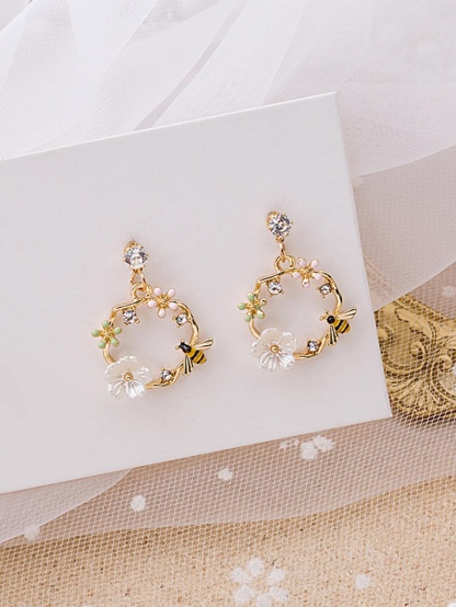 Flower & Bee Decor Circle Drop Earrings