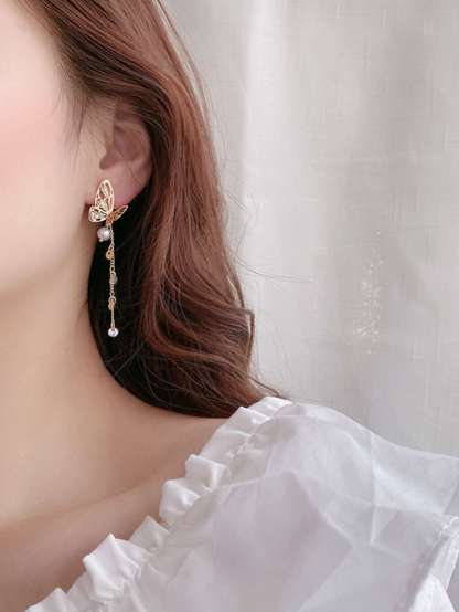 Faux Pearl & Rhinestone Decor Butterfly Drop Earrings