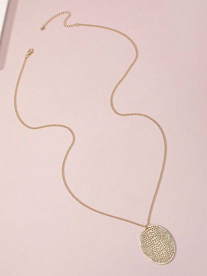 1pc Gold-Tone Alloy Ellipse Pendant Simple Fashionable Elegant Long Necklace