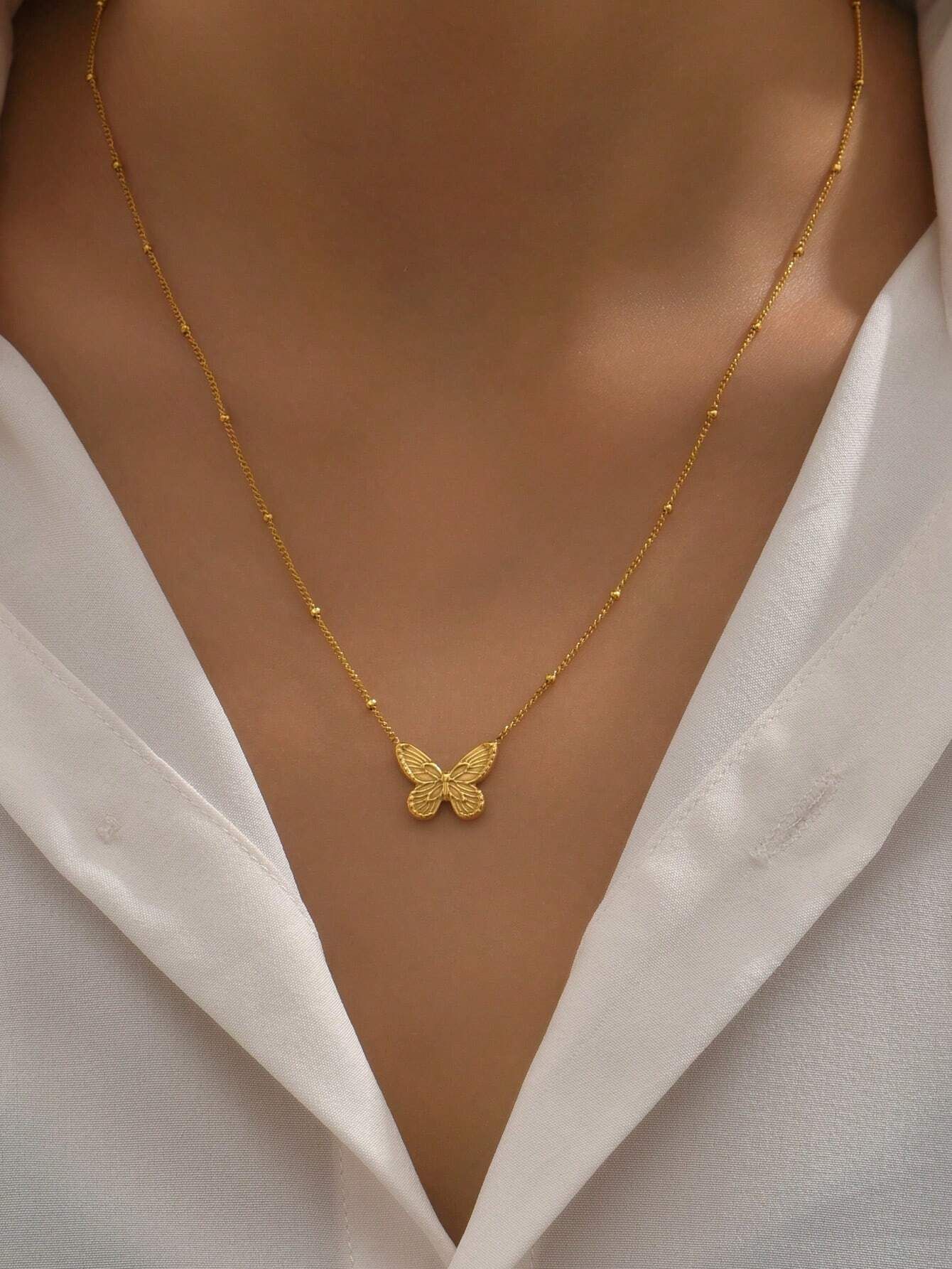 1pc Bow Ring Butterfly Gold Color Stainless Steel Necklace Suitable For Women's Daily Wear And Holiday Gift, Sister Gifts