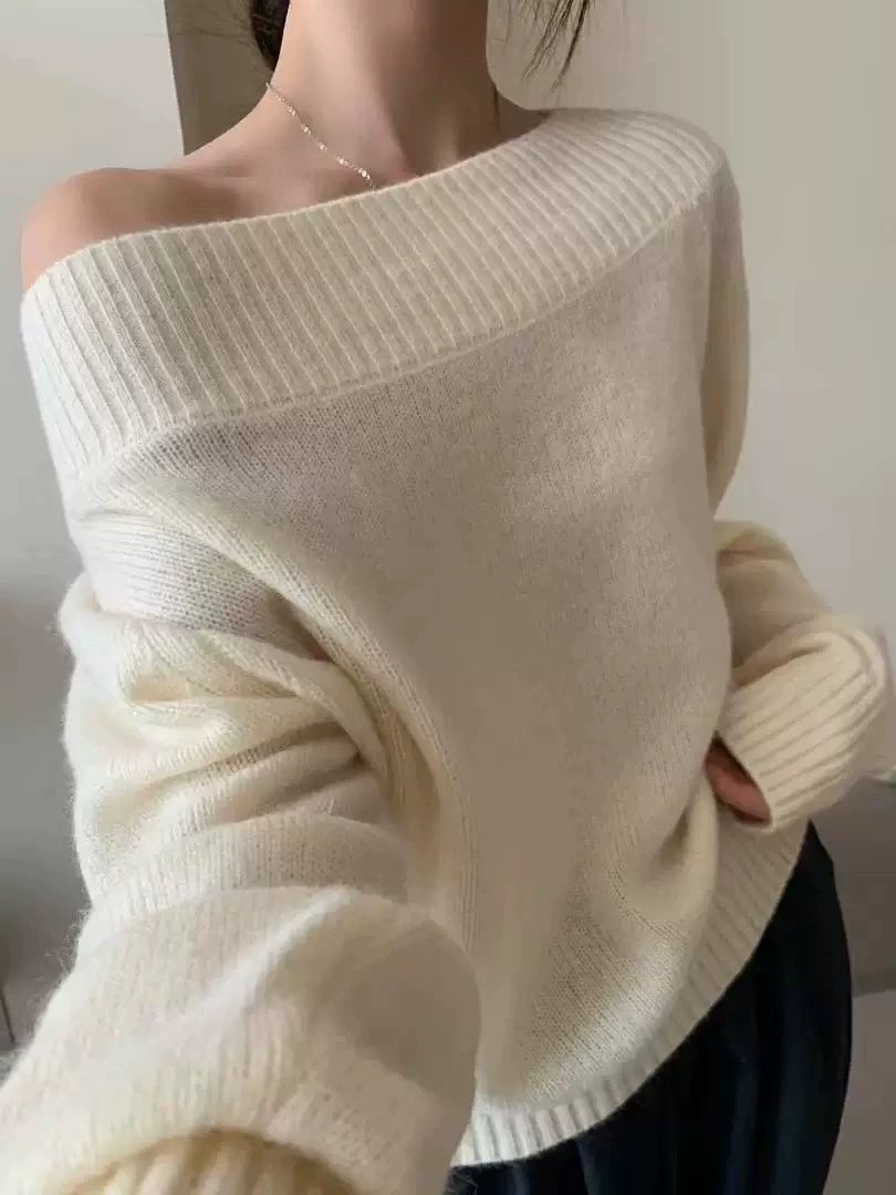 Women's Pullover Sweater Solid Color Off-Shoulder Knit Long-Sleeved Pullover Sweater Top