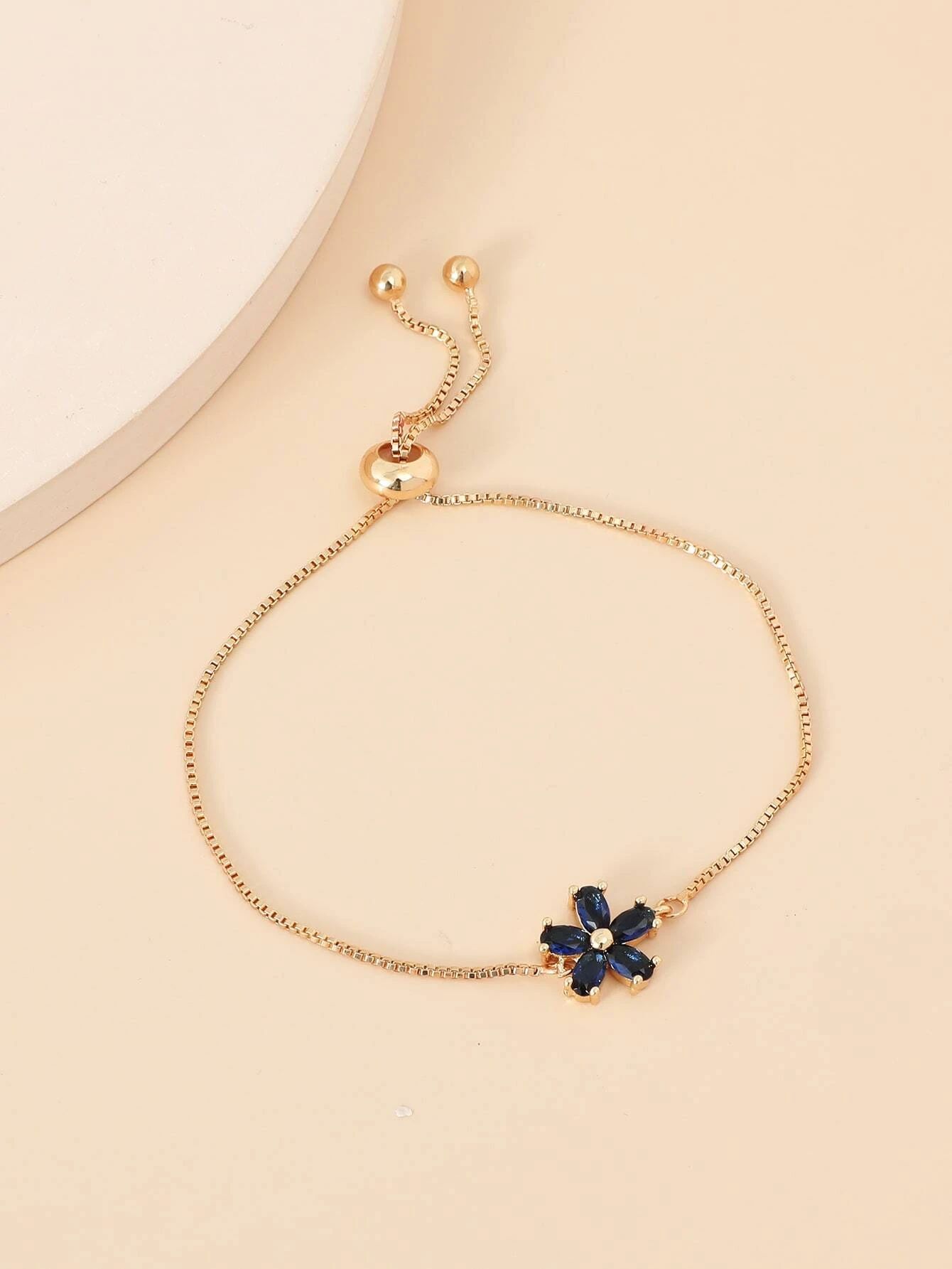 1pc Flower Shaped Copper With Cubic Zirconia Inlaid Adjustable Drawstring Bracelet Suitable For Women's Daily Wear, Date And Party