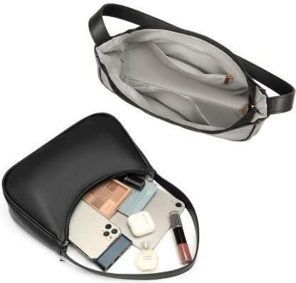 BLACK Shoulder Bags for Women, Cute Tote Handbag Mini Clutch Purse with Zipper Closure