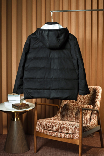 Men's classic wool and cashmere blend hooded down jacket for autumn and winter.