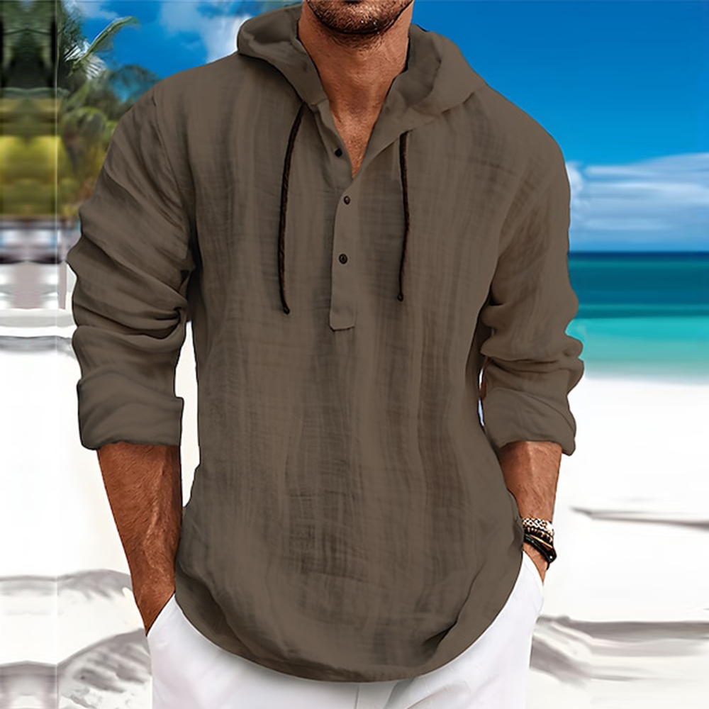 Shobous Men's Cotton Linen Hooded Pullover Long Sleeve Shirt