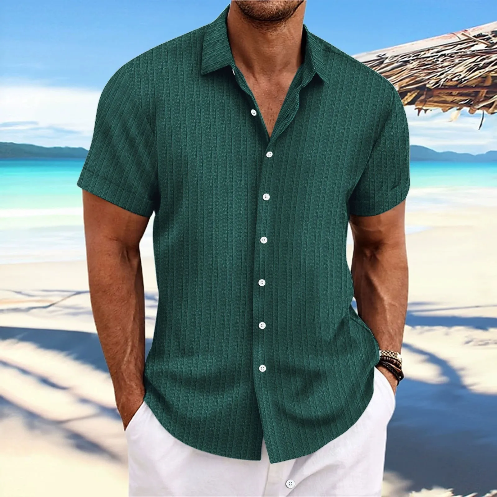 Cosline Short-sleeved jacquard cotton and linen shirt  for men