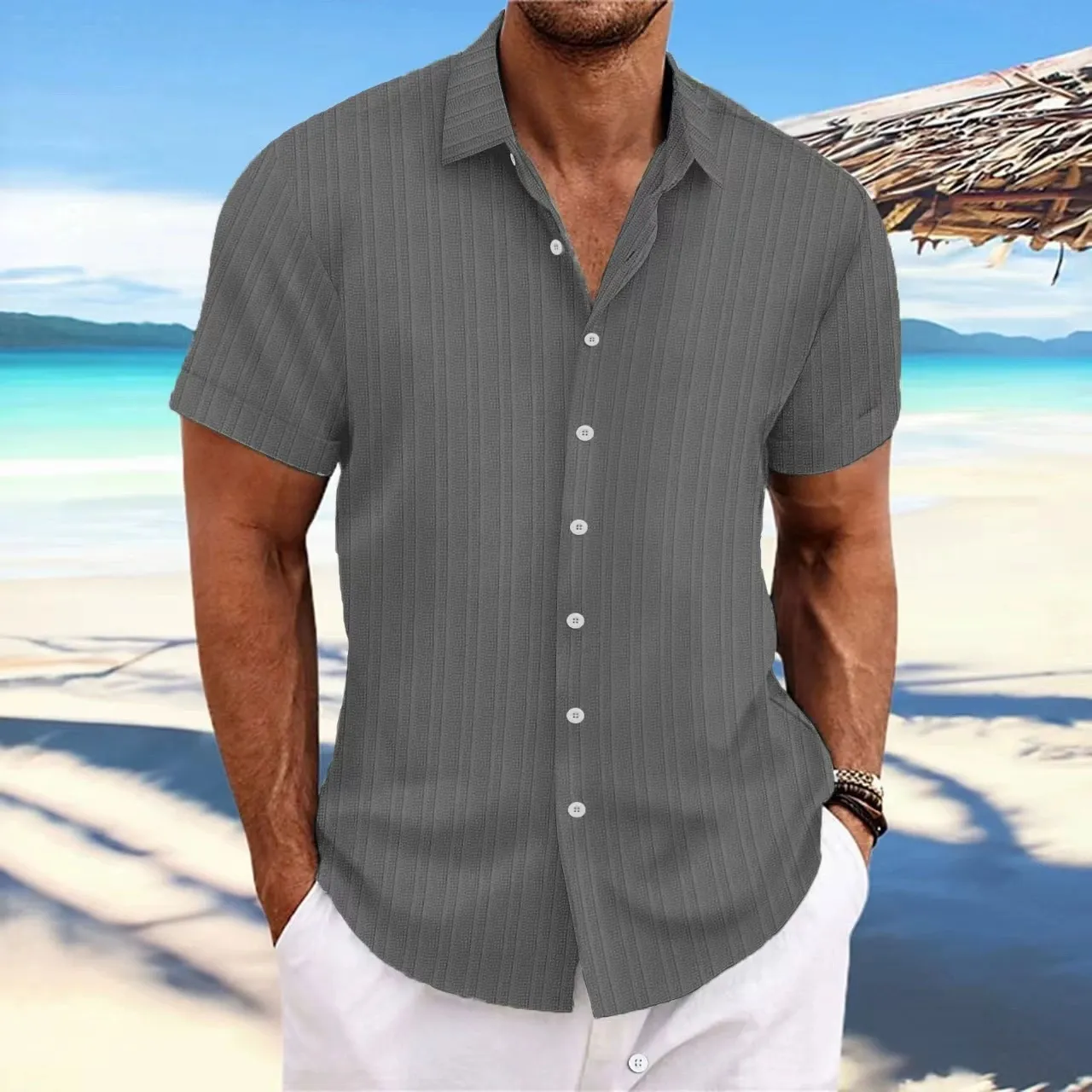 Cosline Short-sleeved jacquard cotton and linen shirt  for men