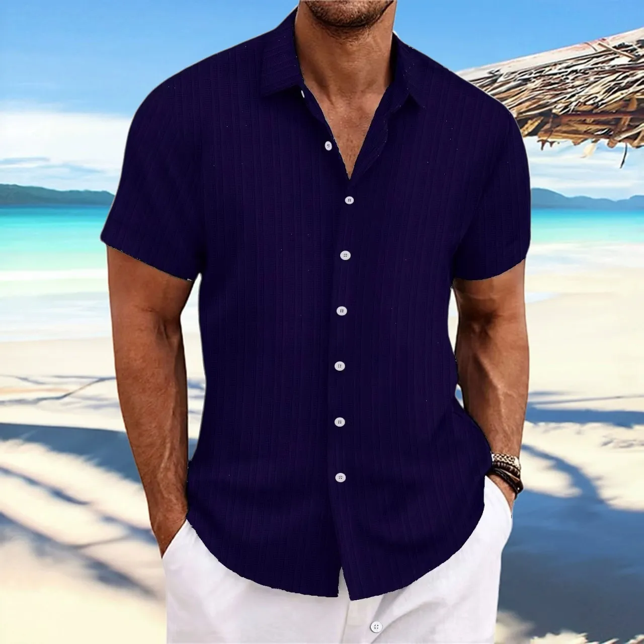 Cosline Short-sleeved jacquard cotton and linen shirt  for men