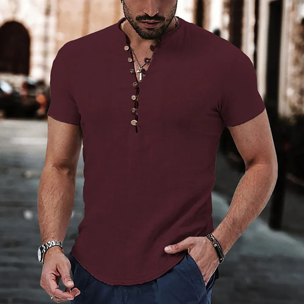 Cosline Men's Cotton Linen V-Neck Button-Down Short-Sleeved Shirt