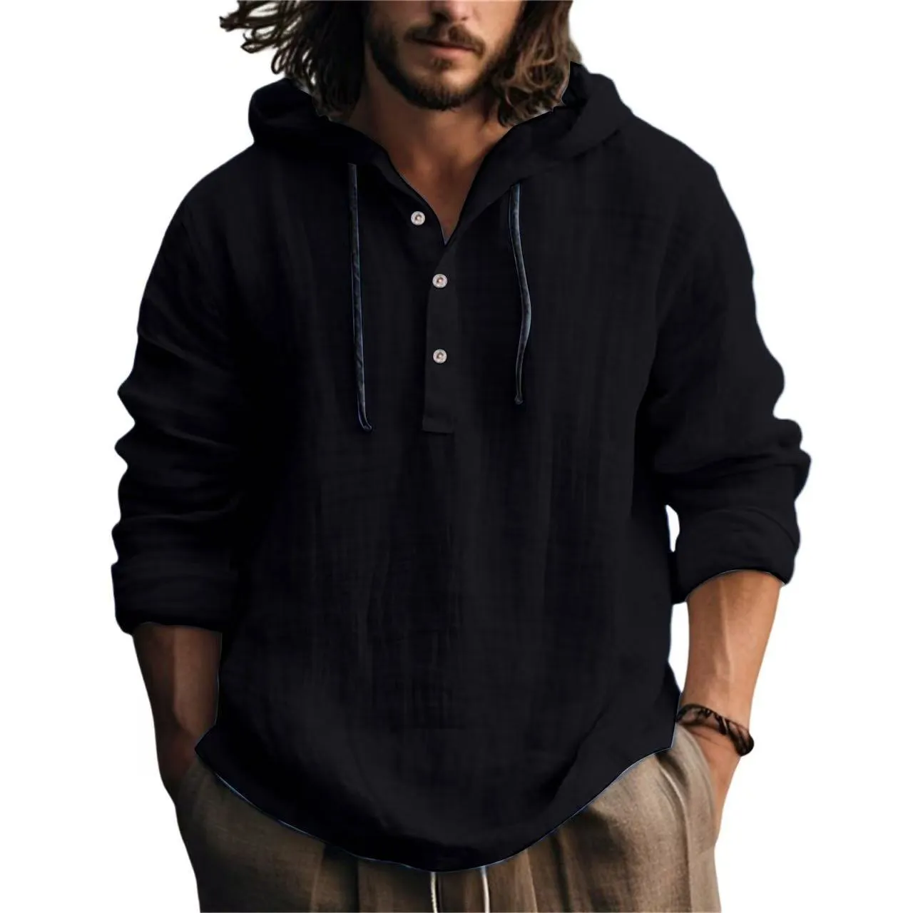 Cosline Men's Cotton Linen Hooded Sweater Long Sleeve Shirt