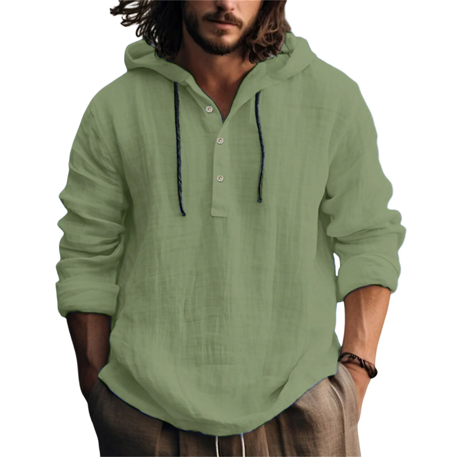 Cosline Men's Cotton Linen Hooded Sweater Long Sleeve Shirt