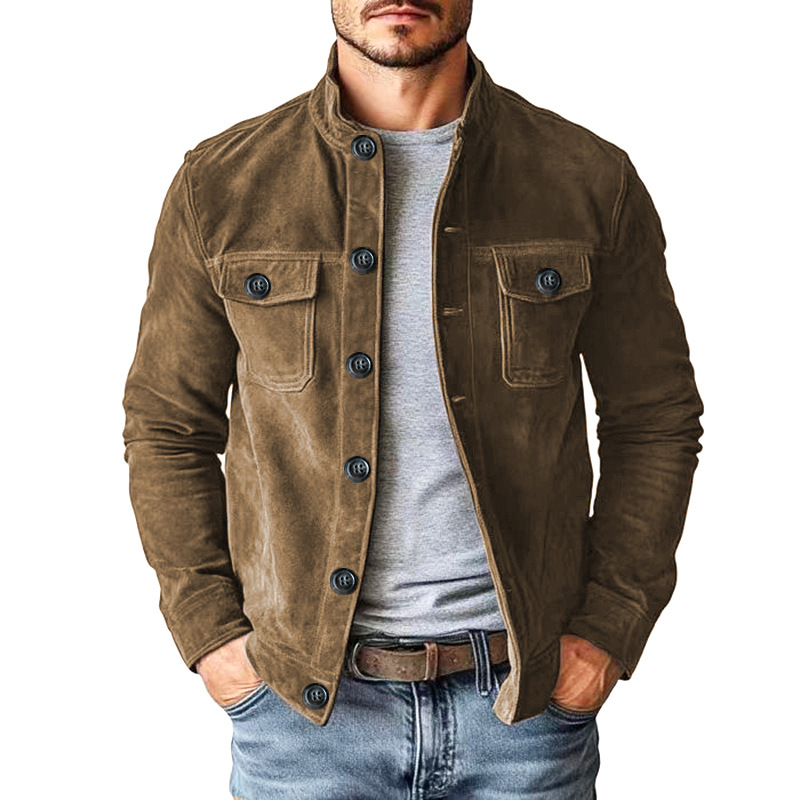 Cosline Men's Vintage Suede Single Breasted Stand Collar Jacket