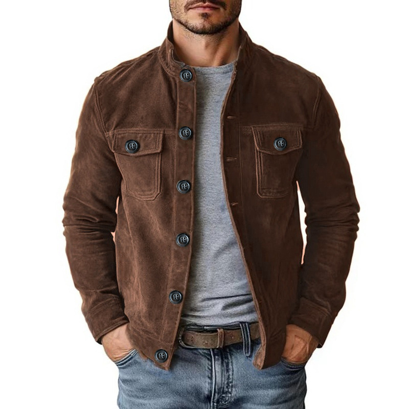 Cosline Men's Vintage Suede Single Breasted Stand Collar Jacket