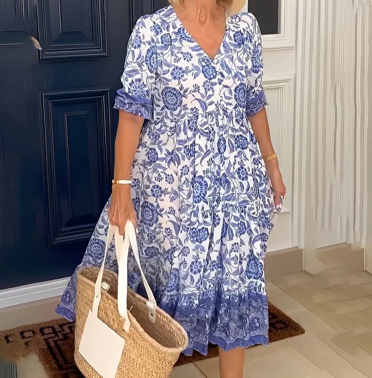 Cosline Elegant Floral Dress With V-Neck