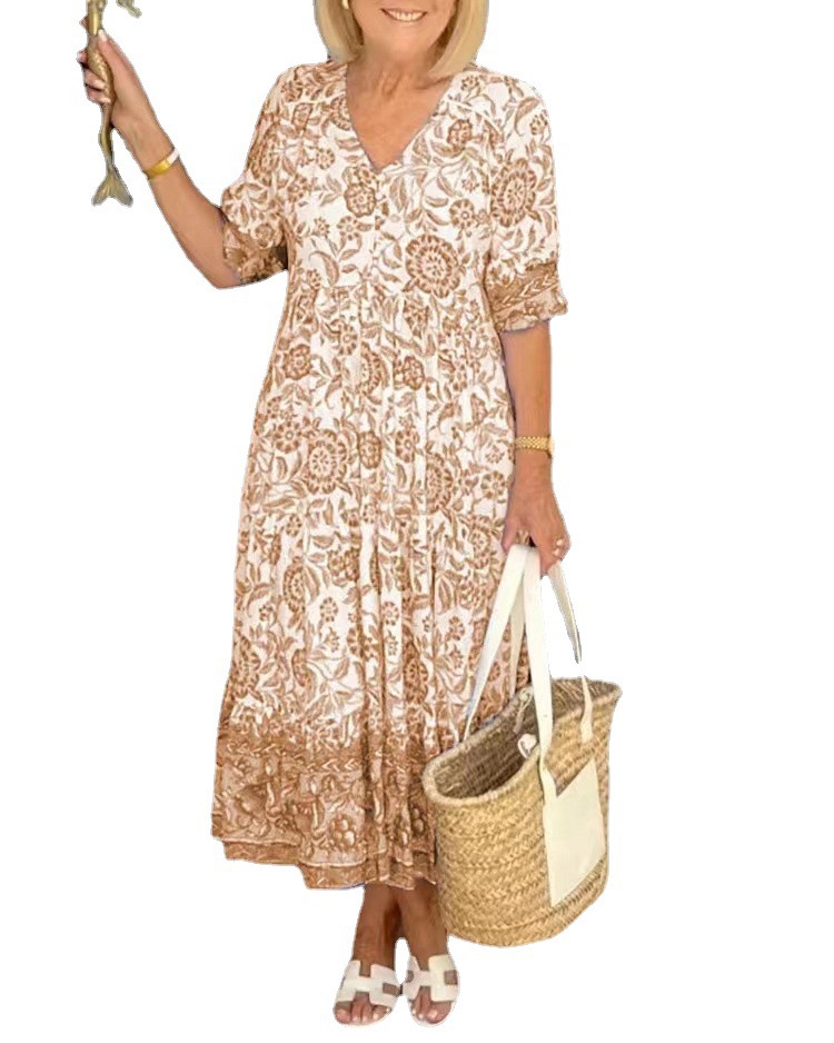 Cosline Elegant Floral Dress With V-Neck