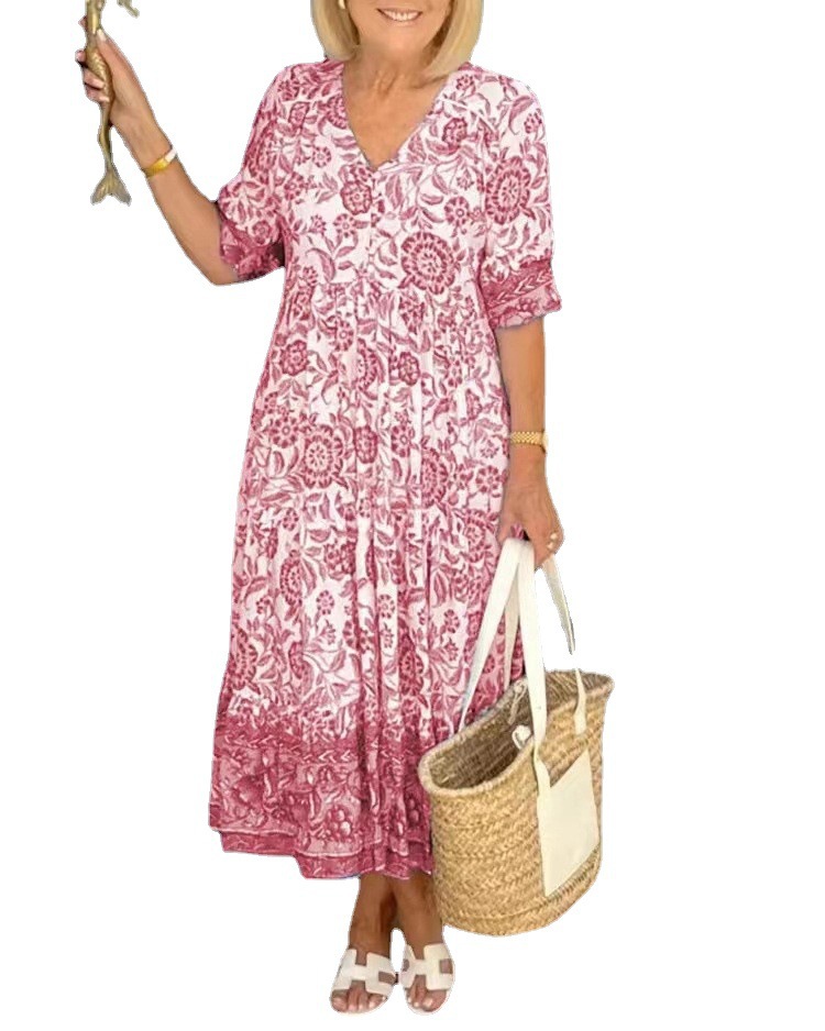 Cosline Elegant Floral Dress With V-Neck