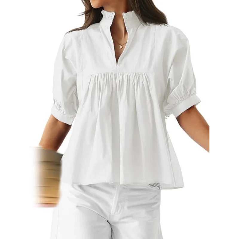 Cosline Women's blouse with ruffled collar and puff sleeves