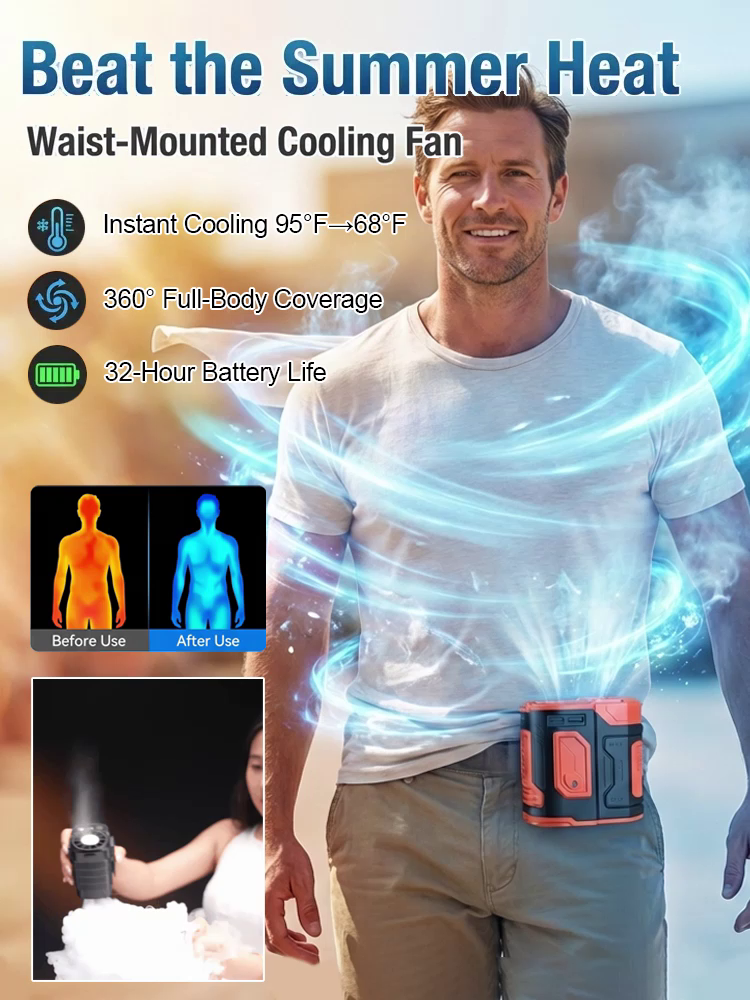 High-Speed Powerful Waist Clip Fan, Save [50%]! Instant 30°F Cooling in Seconds, End the 104°F Heat! 360° Full-Body Cooling for 2X Outdoor Work Productivity.