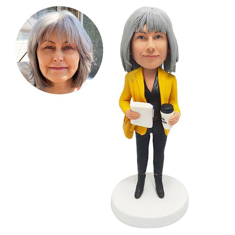 personalised bobblehead figure female boss colleague holding a coffee