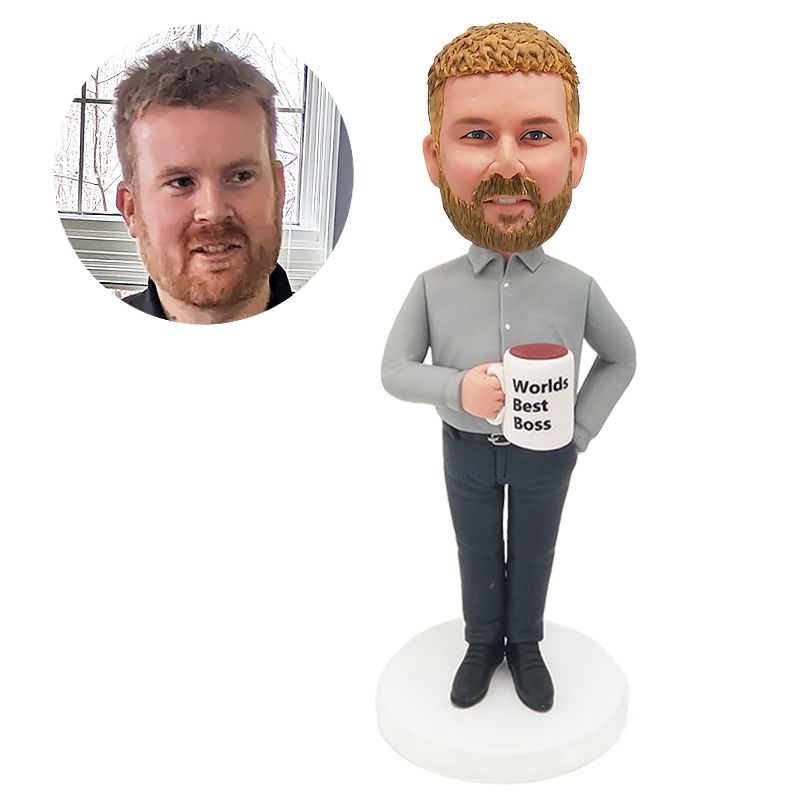 customised bobble head figure male colleague staff holding a coffee