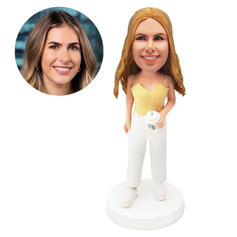 custom bobble head casual lady holding a coffee