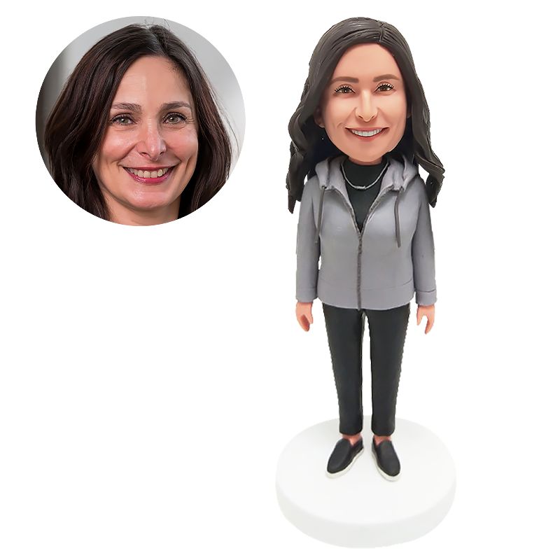 personalised bobble head leisure lady in zip up hoodie