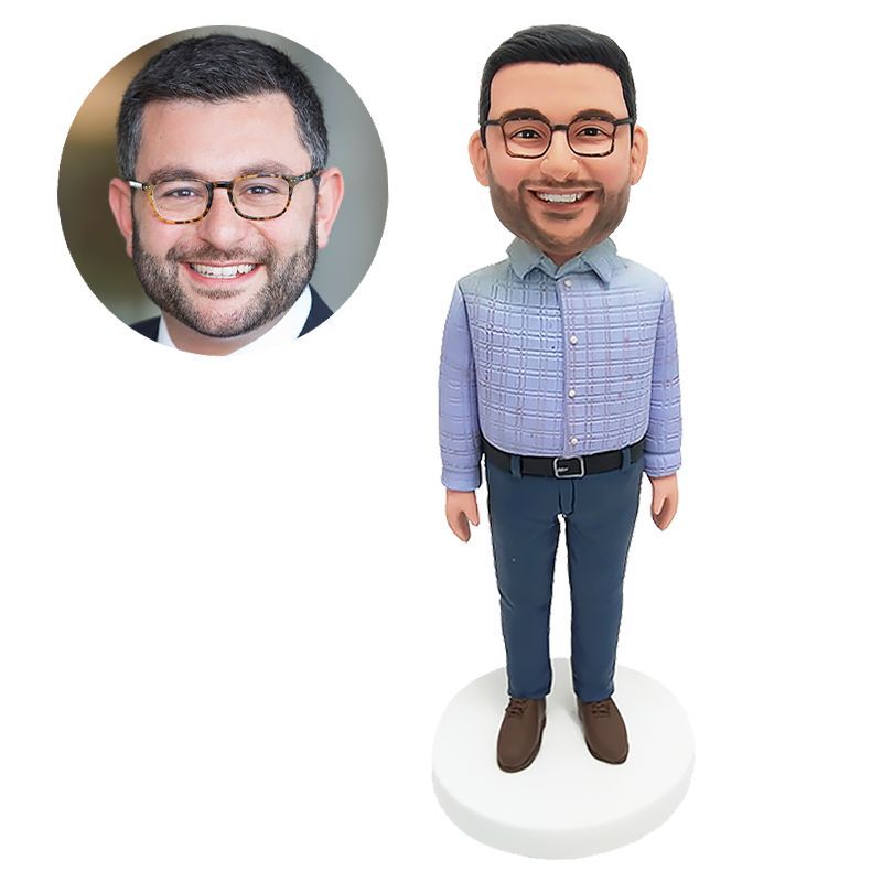 customised bobble head figure colleague in checked shirt