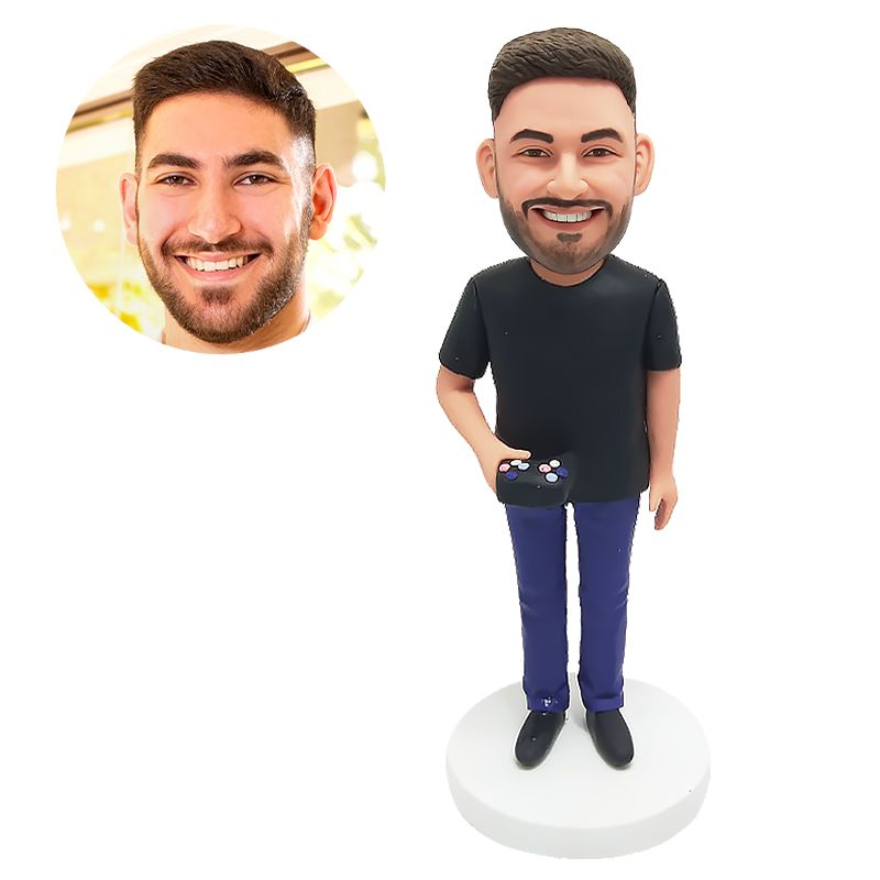 personalized bobblehead figure male gamer holding a gamepad