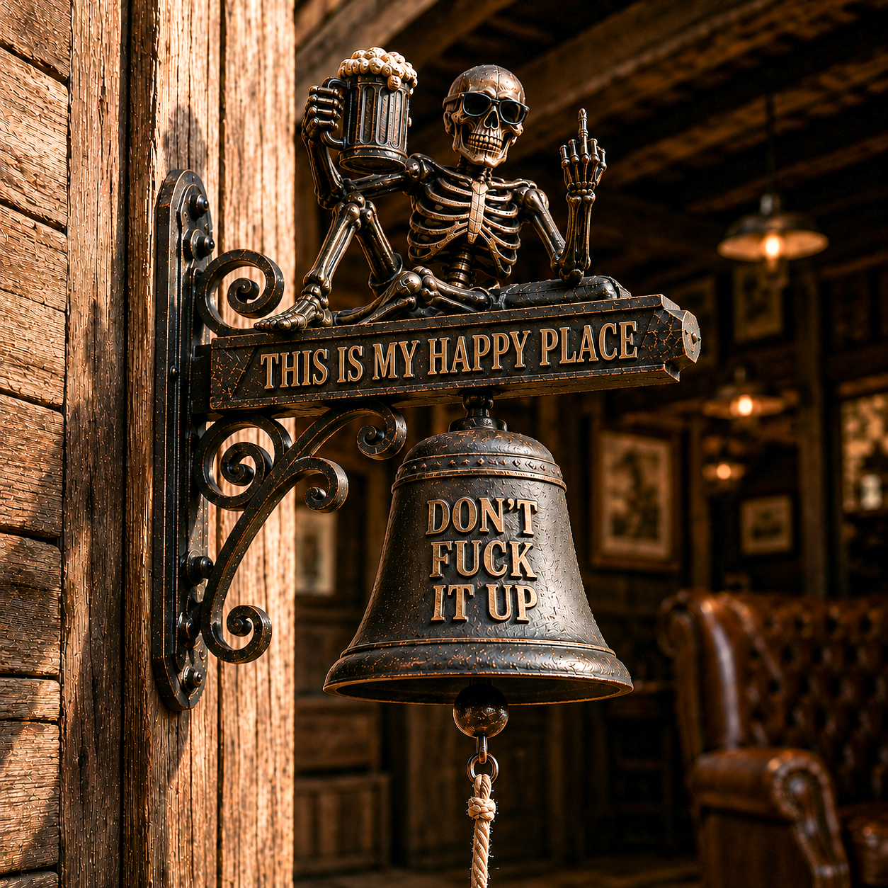 🛎️ “DON’T FUCK IT UP” Skeleton Doorbell – Happy Place Edition 💀