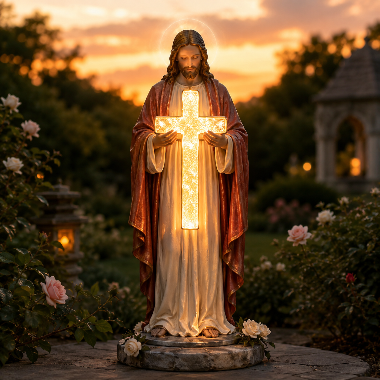✝️ Guardian Cross Light – Jesus & Virgin Mary Faith Garden Statue
