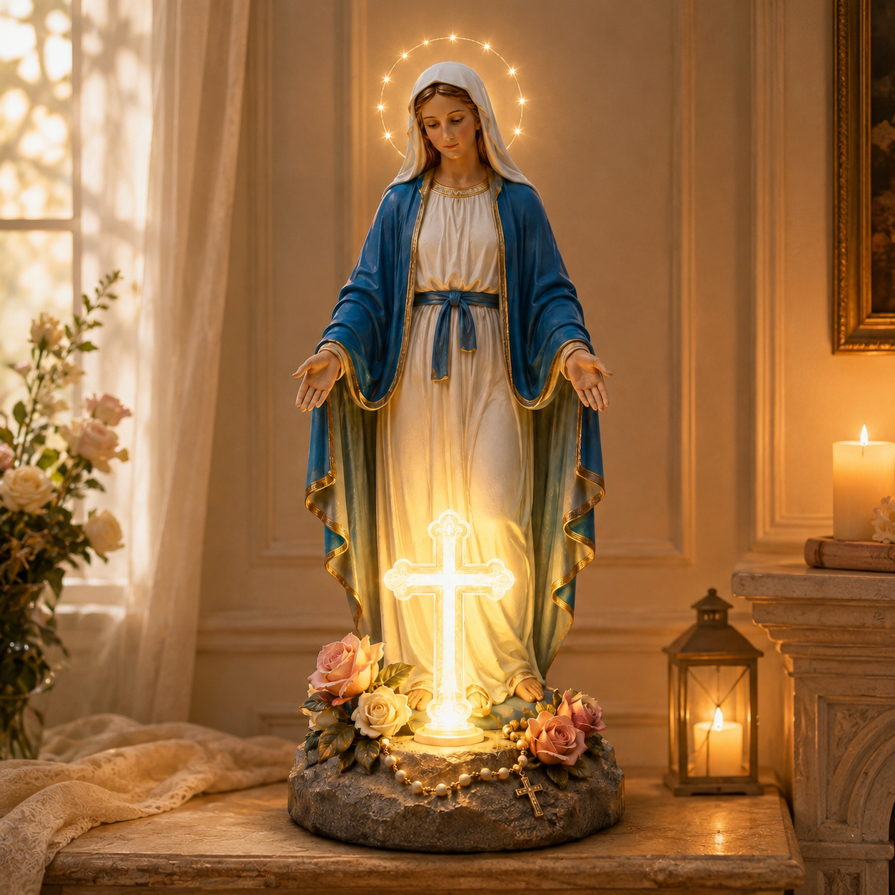 ✝️ Guardian Cross Light – Jesus & Virgin Mary Faith Garden Statue