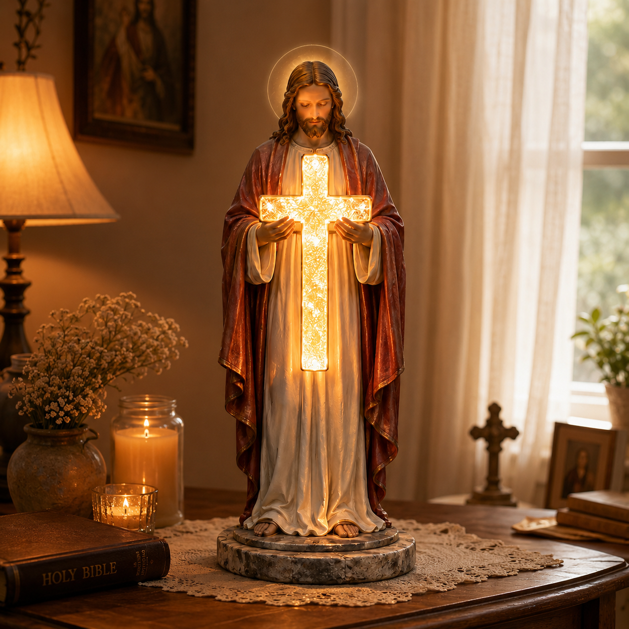 ✝️ Guardian Cross Light – Jesus & Virgin Mary Faith Garden Statue
