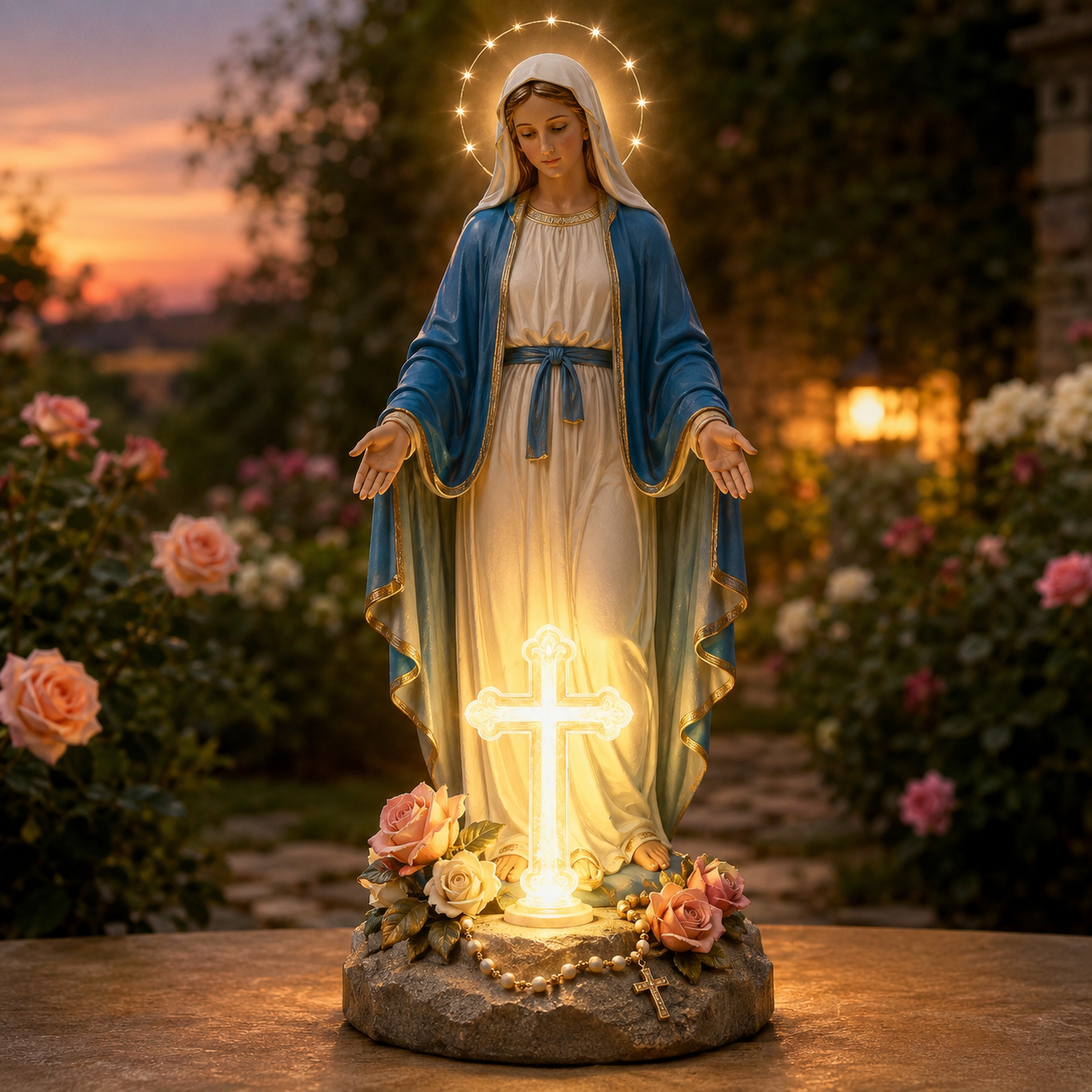 ✝️ Guardian Cross Light – Jesus & Virgin Mary Faith Garden Statue