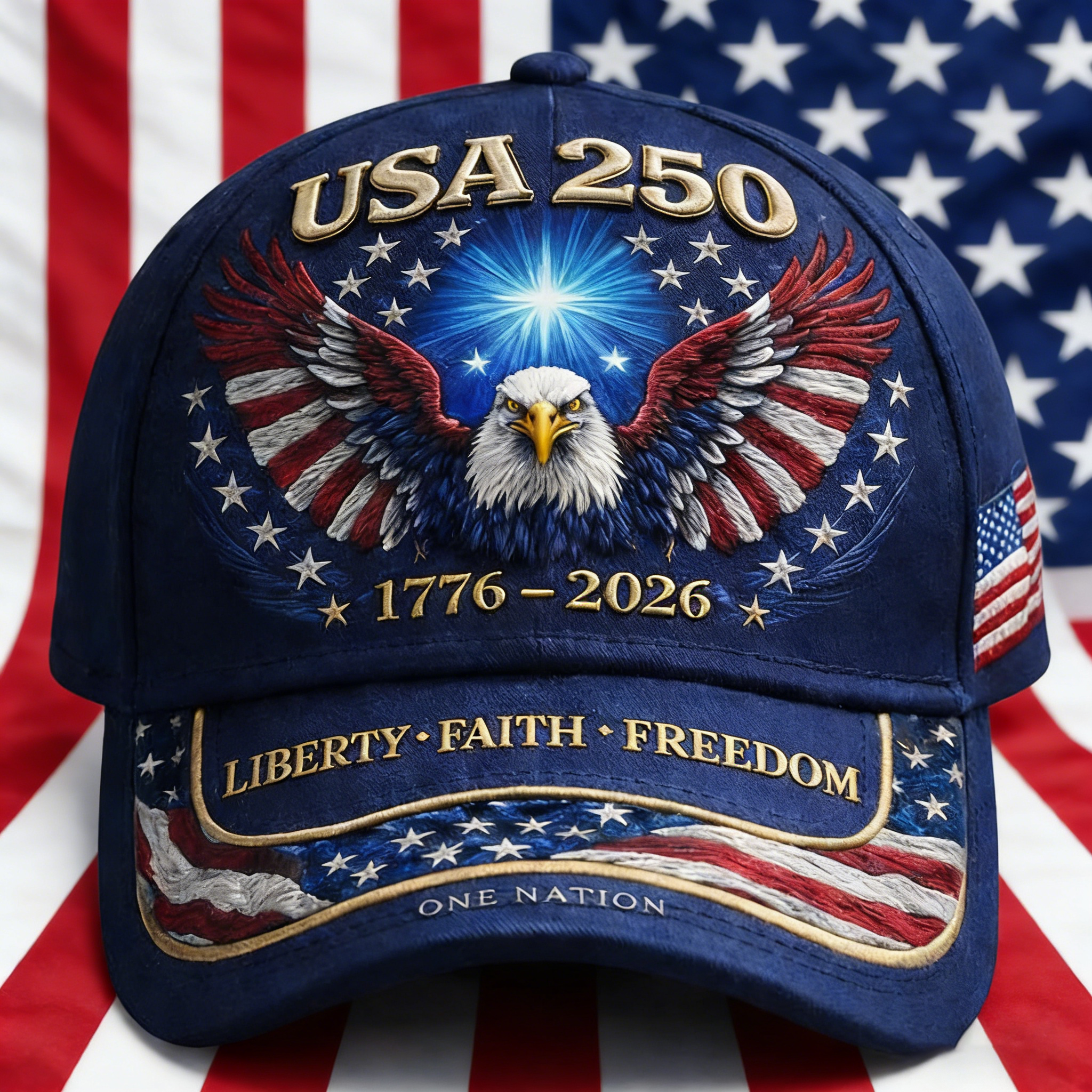 USA 250 Patriotic Eagle Baseball Cap – 1776–2026 Liberty Faith Freedom American Anniversary Hat