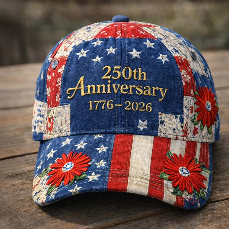 America 250th Anniversary Vintage Patriotic Baseball Cap – 1776–2026 USA Flag Patchwork Hat with Floral Embroidery