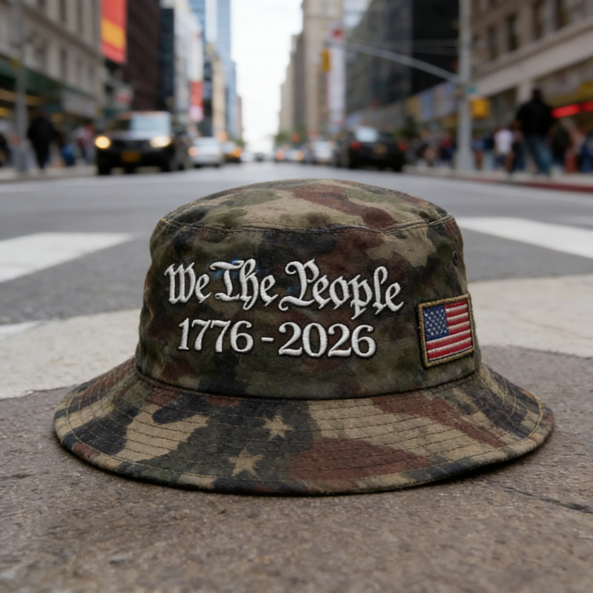 We The People 1776–2026 Camo Bucket Hat – USA 250th Anniversary Patriotic Heritage Hat