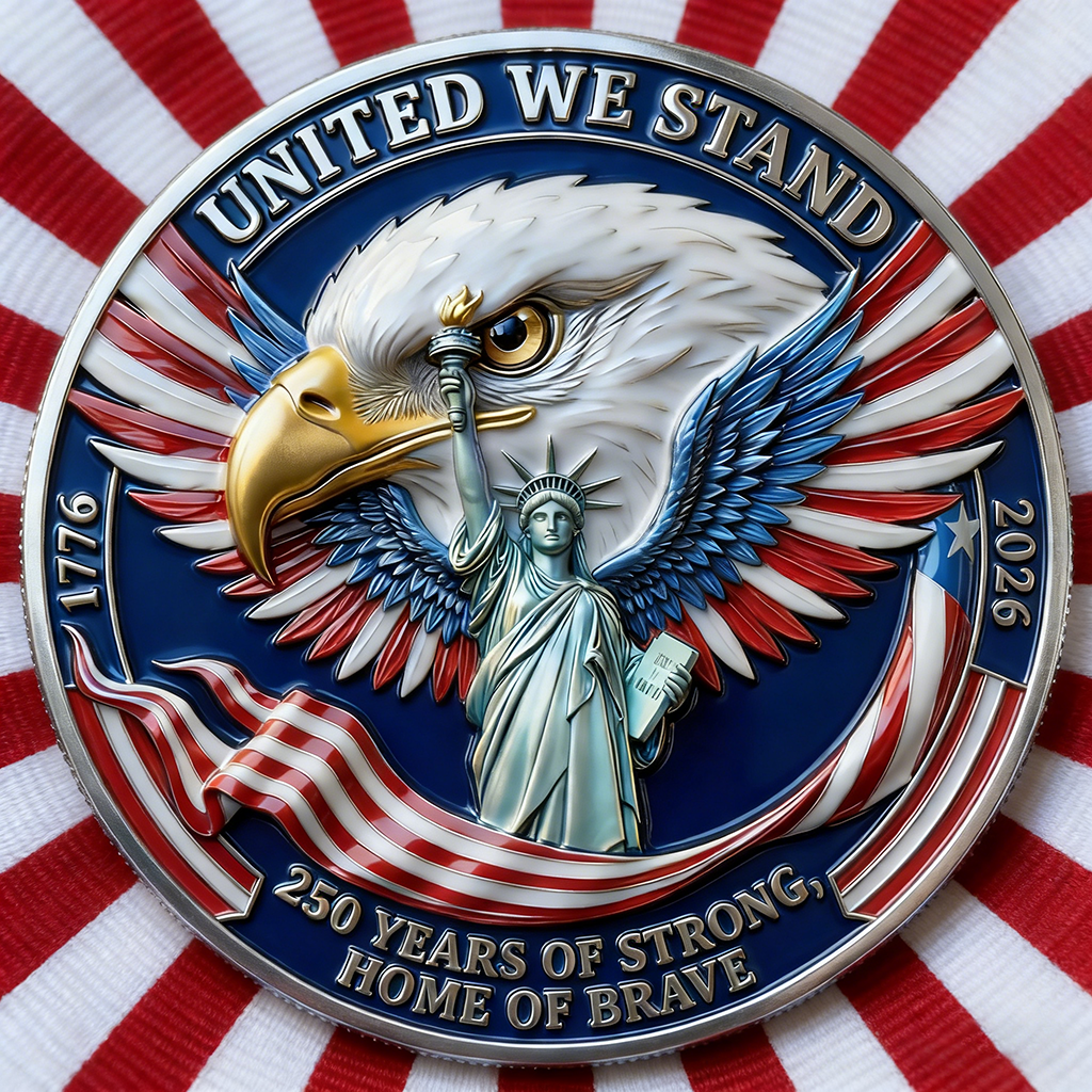 United We Stand 250th Anniversary Commemorative Coin (1776–2026) – Bald Eagle & Statue of Liberty Patriotic Collector Coin