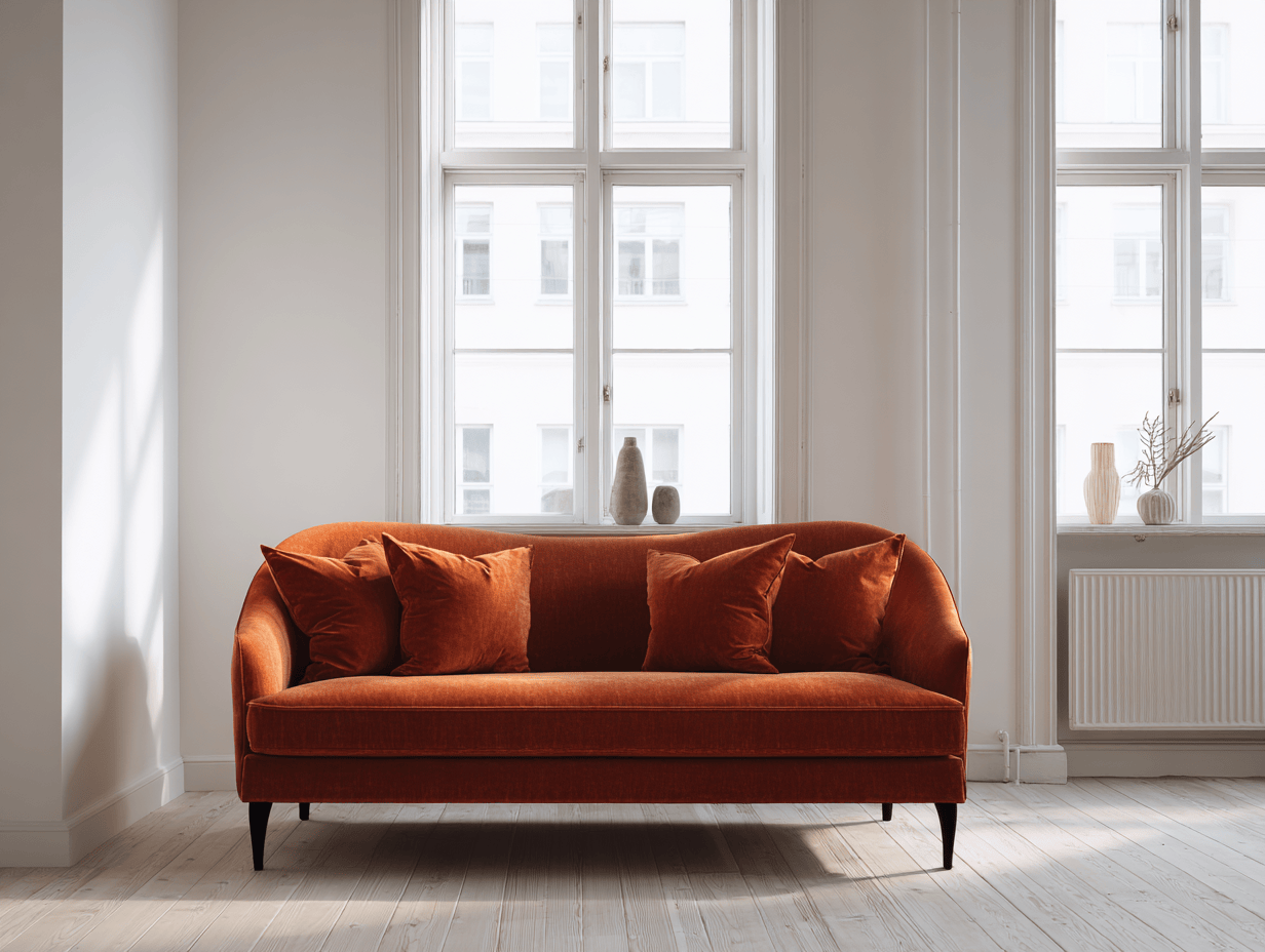 Divano 3 posti in velluto color ruggine - design moderno con linee morbide - 208x90x84 cm