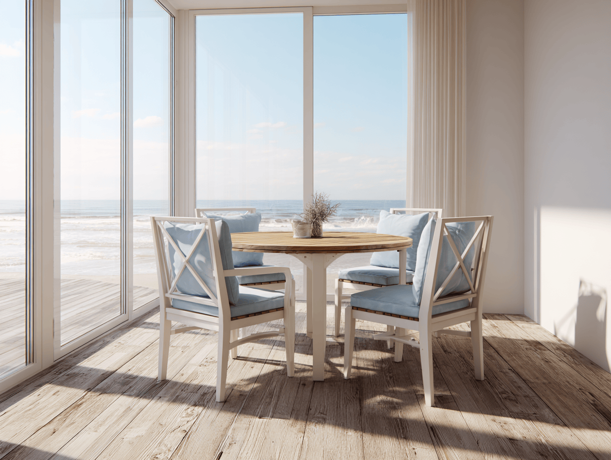 Set da pranzo da giardino con 1 tavolo rotondo e 4 sedie in legno bianco con cuscini blu chiaro diametro105x74 cm