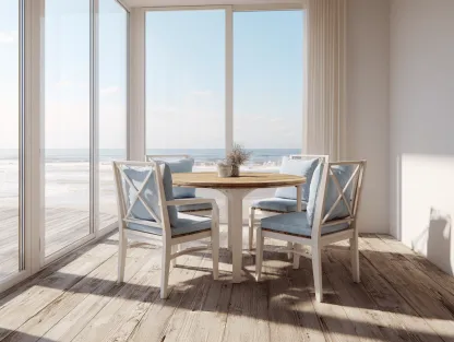 Set da pranzo da giardino con 1 tavolo rotondo e 4 sedie in legno bianco con cuscini blu chiaro diametro105x74 cm