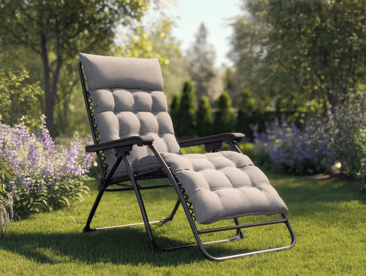 Sedia a sdraio reclinabile da giardino 176x65x110 cm con cuscino trapuntato grigio e schienale con corde elastiche
