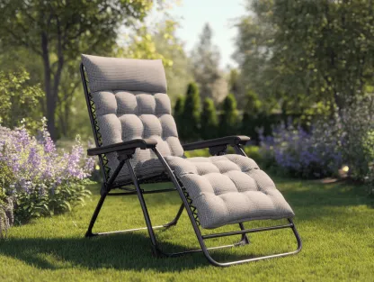 Sedia a sdraio reclinabile da giardino 176x65x110 cm con cuscino trapuntato grigio e schienale con corde elastiche