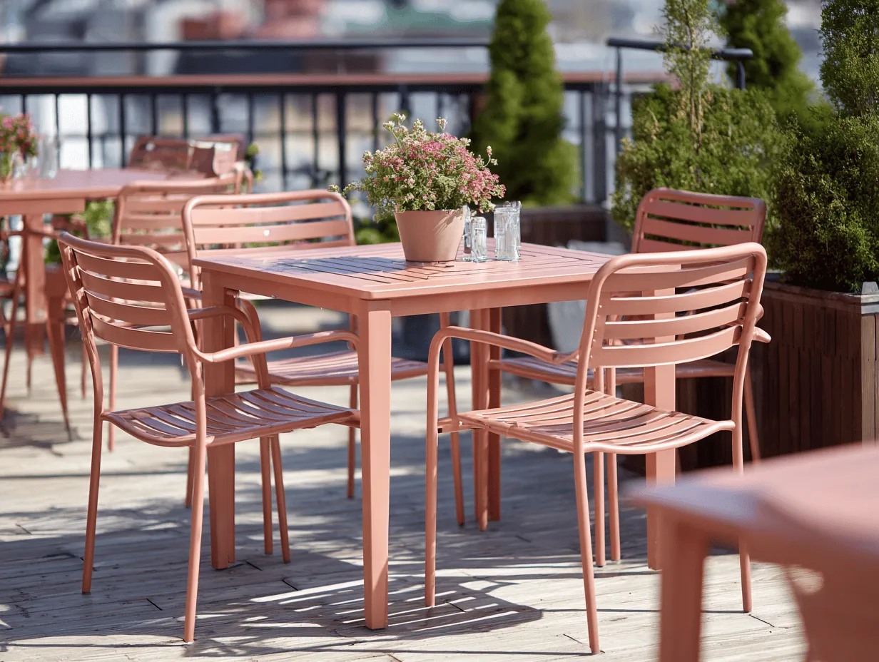 Set pranzo da esterno in metallo verniciato color pesca con tavolo 90 x 90 x 74 cm e 4 sedie 52 x 55 x 82 cm (cad.).-Dwellingra