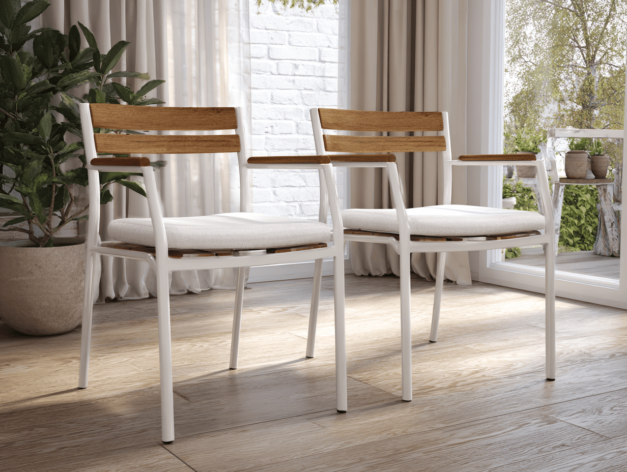 Set di 2 sedie da giardino in metallo bianco con dettagli in legno e cuscini beige 56x59x88 cm