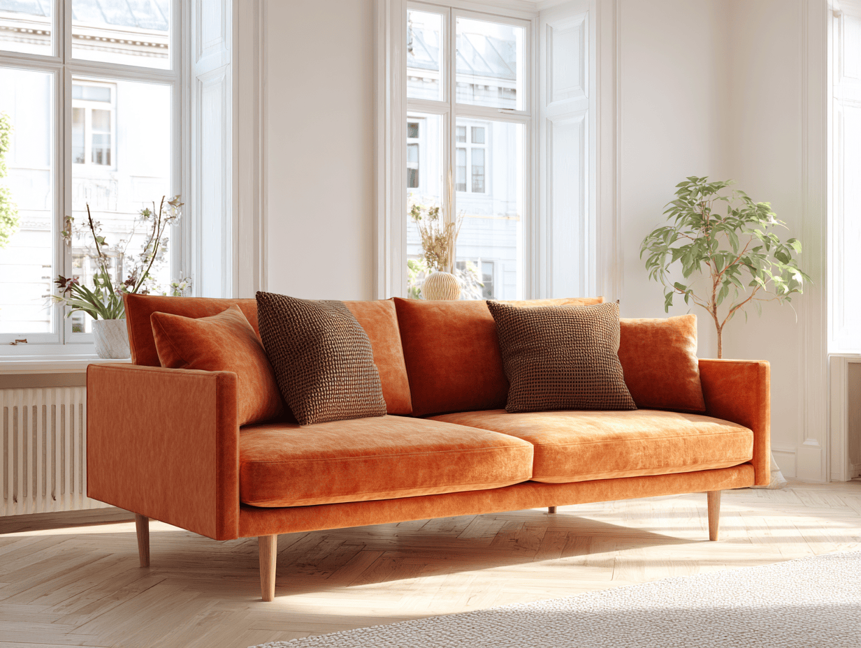 Divano 3 posti in velluto arancione - design moderno con gambe in legno - 200x92x85 cm