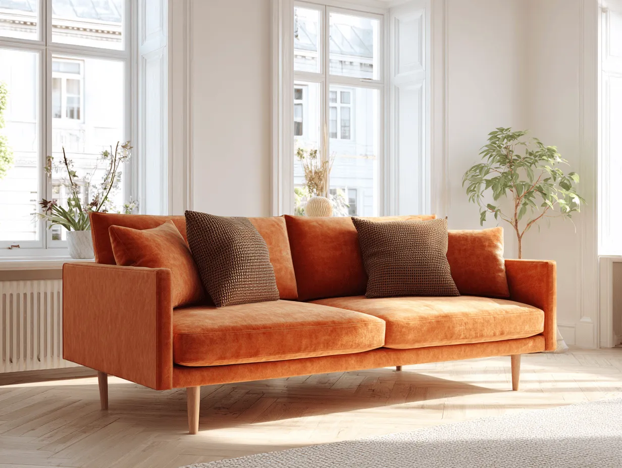 Divano 3 posti in velluto arancione - design moderno con gambe in legno - 200x92x85 cm