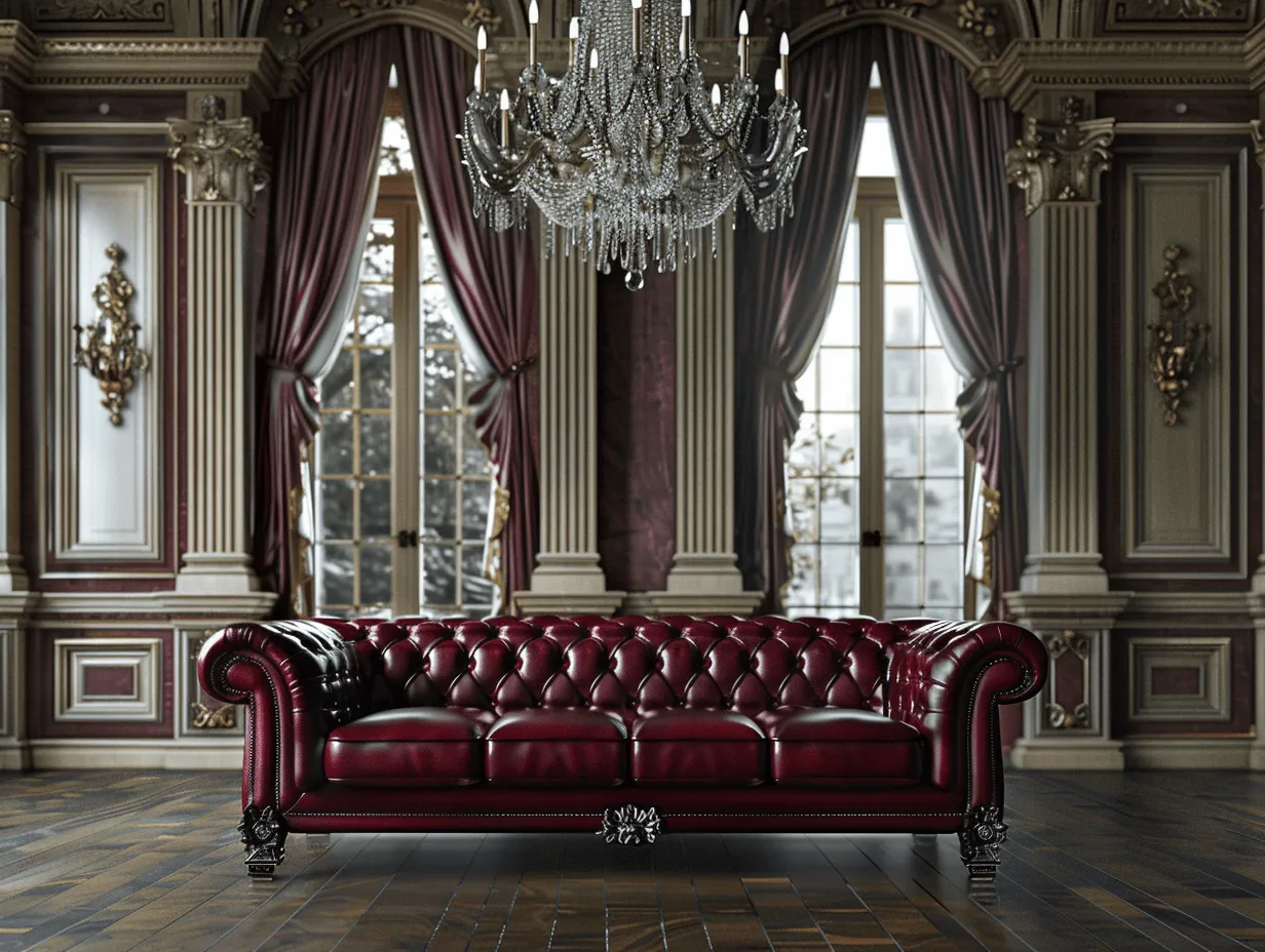 Divano 4 posti in pelle rosso scuro - stile Chesterfield classico - 230x95x85 cm