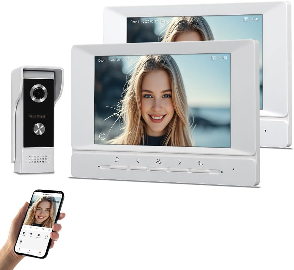 Sistema Videocitofono WiFi 1080P HD 2 Monitor 7 Pollici Visione Notturna IR Audio Bidirezionale Sblocco Remoto-Dwellingra