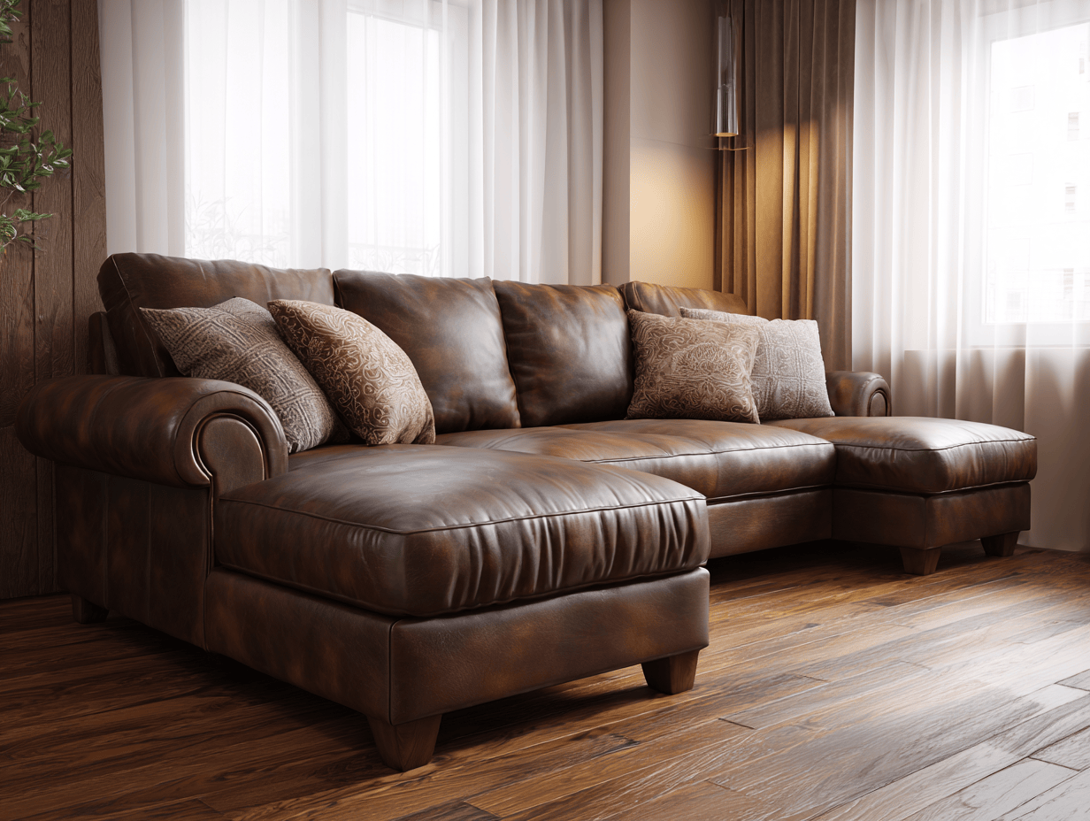 Divano angolare in pelle marrone con chaise longue - braccioli arrotondati - cuscini decorativi inclusi - 310x185x95 cm